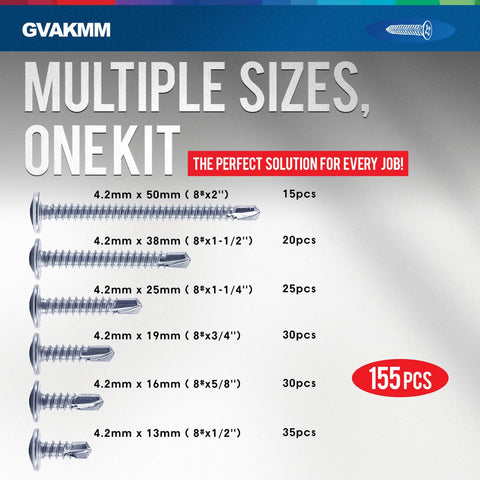 Versatile Sheet Metal Screws Kit With 155 Self Tapping Tek Screws In Six Sizes From Half Inch To Two Inches Zinc Plated