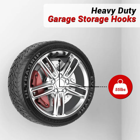 Heavyweight Garage Storage Hooks Built Like Tanks Featuring Scratch Resistant Rubber Sleeves For Rust Free Workshop Wall Tool Organization And Shop Rig Setup with mounted car tire showing weight capacity of 55lbs.