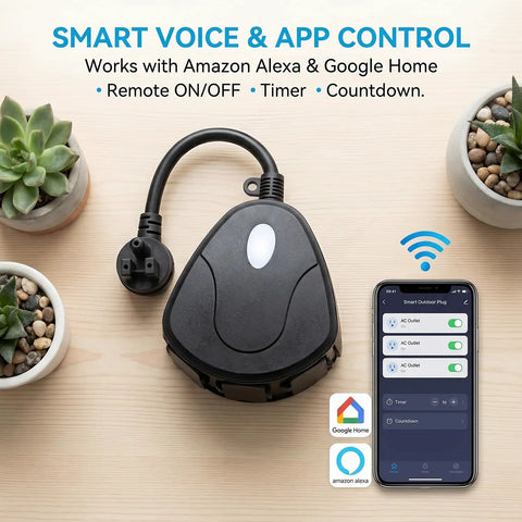 Take Command Of Your Patio Game With This Heavy Duty Outdoor Smart Power Strip, features a black power plug and app interface.