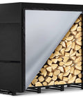 Side view of 4ft Outdoor Firewood Rack With Waterproof Cover, Heavy Duty Wood Holder, Powder Coated Rack With Hooks filled with logs