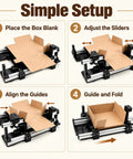 Manual Box Assisted Folding Tool For Packing Stations Featuring Adjustable Grip Clip For Smooth Carton Assembly And No Sweat Shipping Prep At Ecommerce Hubs Or Home Work Desks setup steps with adjustable sliders.