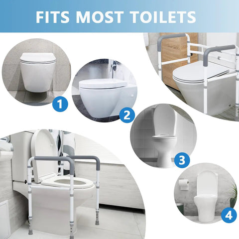 Heavy Duty Toilet Safety Rail For Seniors With Adjustable Height And Width Frame No Nonsense Support Handles Up To 350 Lbs Non Slip Bathroom Grab Bar fitted to different toilet styles.