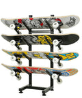 Freakishly Durable Industrial Grade Steel Knocks Out Clutter With A Badass 4 Tier Skateboard Rack holding four boards in a tidy display.