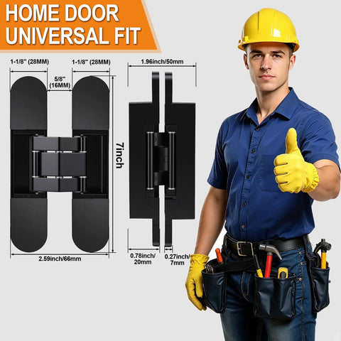 Dead Simple Slick Hidden Door Hinges Heavy Duty Zinc Alloy Concealed Hinge Brackets, 7 inches long, shown with dimensions.