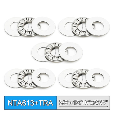Rock Solid Inch Thrust Needle Roller Bearing Five Piece Set With Two Matching Washers Pre Lubricated For Smooth Hydraulic Cylinder Spin And Heavy Duty Forging Press Work. Metal washers and bearings in set.