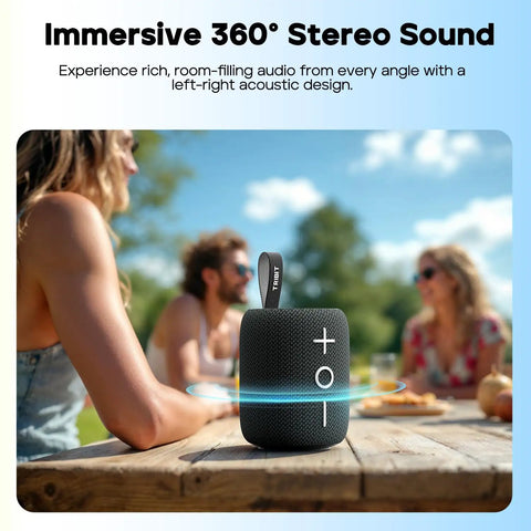 StormBox Mini Plus Portable Bluetooth Speaker With 360 Surround Sound, 12W Output, IPX7 Waterproof on outdoor table