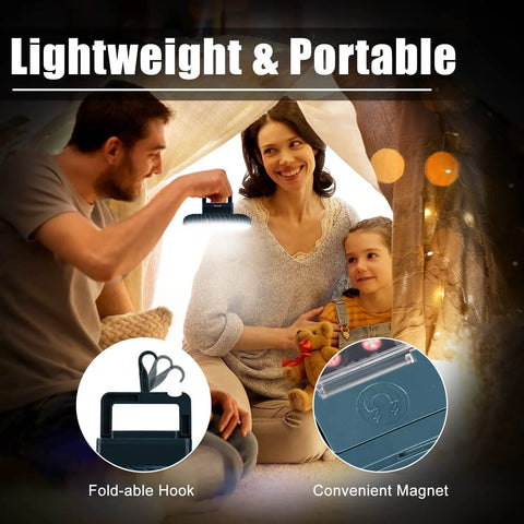 Family using Portable Camping Fan With LED Lantern USB Rechargeable Waterproof Tent Fan indoors, highlighting hook and magnet features.