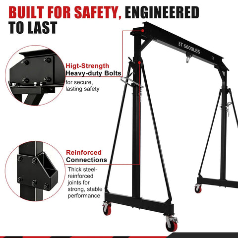 Bulletproof 3 Ton Gantry Crane Featuring Adjustable Height Reinforced Triangular Base Portable Alloy Steel Shop Hoist Workhorse For Mechanics And Workshop Sites highlighting high-strength bolts and reinforced connections.