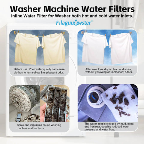 Comparison of laundry results with and without a brass inline sediment filter showing removal of rust and sediment from water.