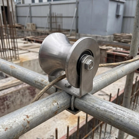 Sturdy Nylon Pulley Wheel With Ball Bearing handles wire ropes and steel cables on scaffold tube, showing smooth groove design.