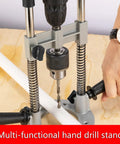 Versatile Drill Press Attachment For Vertical And Angled Boring With Rubberized Base Protection on wood surface