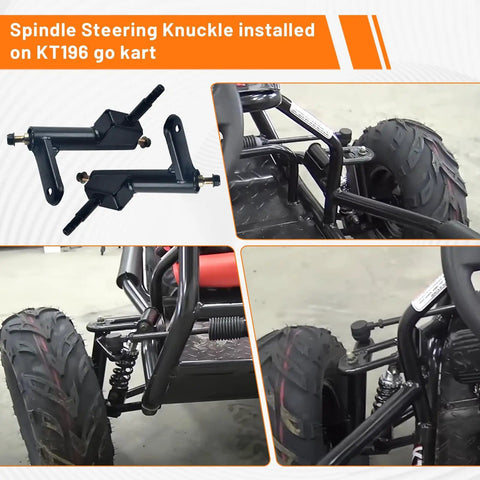 Left And Right Spindle Steering Knuckle With Ball Joint Assembly installed on KT196 go-kart front view