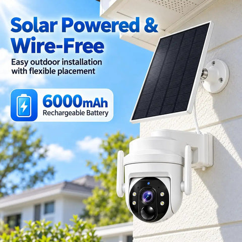 Hassle Free Wireless Solar Security Camera For Yard And Driveway With Smooth 3Mp Hd Clarity And Bright Full Color Night Vision mounted with a solar panel.