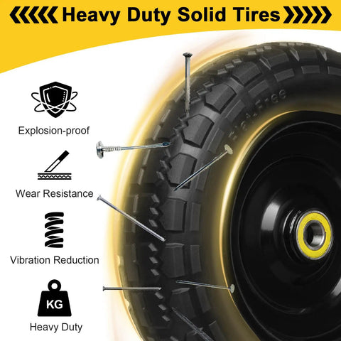 Flat Free 10 Inch Solid Rubber Wheel Set For Garden Carts And Hand Trucks, Puncture-Resistant Foam Tires with Nails Demonstration