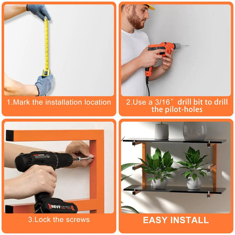 Installation steps for Smooth Setup Four Pack Lumber Storage Rack Wall Mounted Heavy Duty Board Holder with adjustable arms.