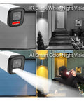 4K 8MP PoE CCTV NVR Surveillance Security Camera Kit Delivers Slick Ultra HD Clarity And Snappy Face Tracking For Rock Solid Day And Night Coverage And A Totally Hassle Free Setup, showing IR black/white and AI smart color night vision.