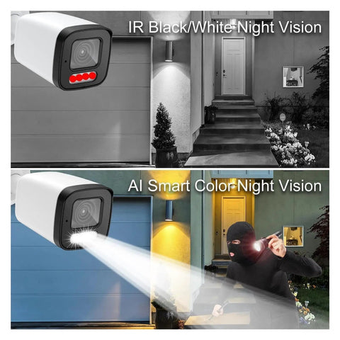 Hella Crisp 4K Ultra HD 8MP PoE Security Camera System Featuring Dead Simple Plug And Play NVR Recording Smart Face Tracking Day And Night Surveillance With Rock Solid Build - IR black/white and AI color night vision features.