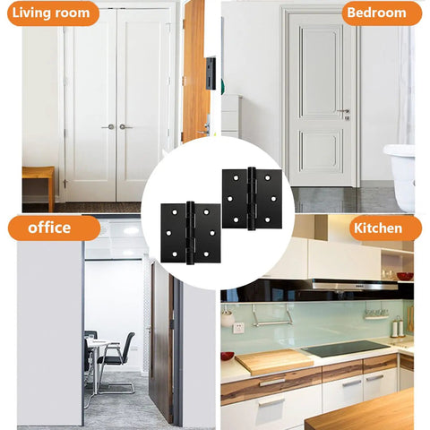 Top Shelf Black Three Point Five Inch Stainless Steel Door Hinges Built Tough Smooth Swinging Zero Fuss Setup Standard Fit For Interior Or Exterior Residential And Commercial Doors Four Pack in various home settings.
