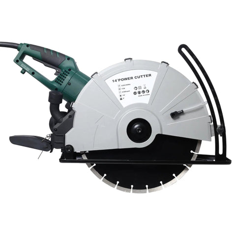 Tough As Nails 14 Inch Wet Or Dry Corded Concrete Saw With 2600 Watt Motor and steel frame view with cutting blade and water line.