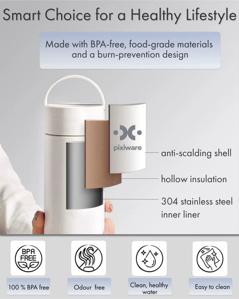 Travel Kettle With Twist Lid 450ml Portable Mini Electric Kettle For On The Go Tea And Coffee 4 Smart Temp Presets Auto Shut Off Leak Resistant Stainless Steel BPA Free 304 shown with anti-scalding shell, insulation features, and stainless steel inner lining.
