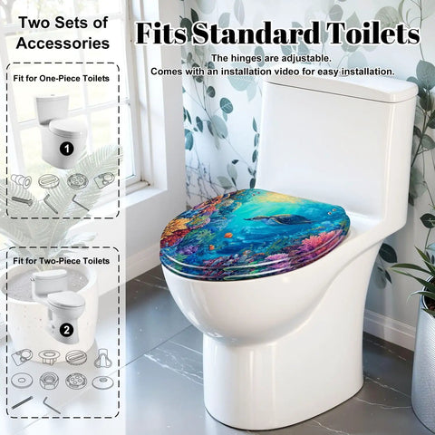 Elongated Toilet Seat Slow Close Home Bathroom with colorful ocean design, fits standard toilets, adjustable hinges.