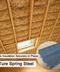 Insulation held securely in place with Solid As A Rock Spring Steel Insulation Support Wires 16 Inch 50 Pack in a ceiling.