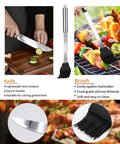 Close-up of knife cutting vegetables and brush on BBQ grill from 11 Piece Stainless Steel BBQ Tool Set With Storage Bag For Outdoor Grilling Camping And Backyard Use Dad Gifts For Fathers Day Includes Tongs Spatula Fork Knife Skewers Brush And Grill Cleaning Brush.