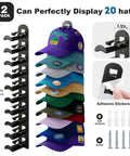 Solid 2 Pack Hat Organizer For Baseball Caps And Dad Hats Holds Up To 20 Fits Without Crushing Your Gear hung with assorted colorful caps on it.