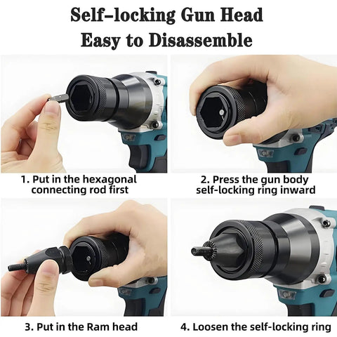 Self-locking gun head assembly instructions for cordless rivet gun kit, showcasing easy disassembly steps.