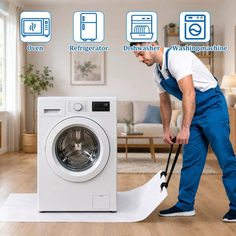 Heavy Duty 48 Inch Appliance Sliders With Reinforced Pull Handles For No Sweat Furniture Moving And Effortlessly Gliding Massive Cabinets Across Bare Wood Or Durable Tile Floors, shown with washing machine being moved.