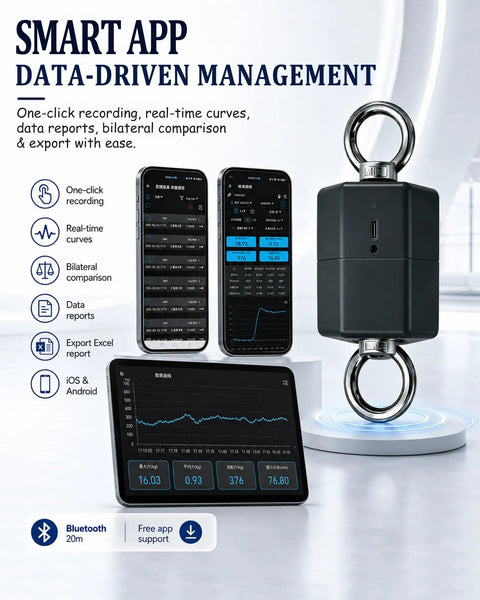 Professional Isometric Strength Tester And Wireless Push Pull Dynamometer with connected smartphones showcasing data tracking features.