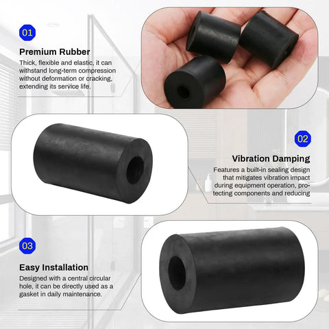 Heavy Duty Eight Piece Rubber Spacers Rig Ready Anti Vibration Pads For Auto And Marine Rigs Thick Black Washers shown in hand.