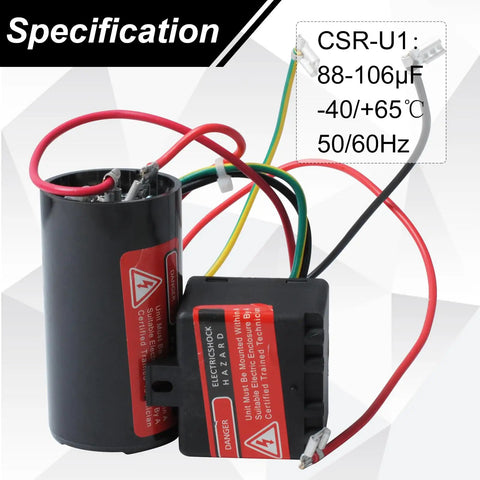 Heavy Duty Hard Start Kit For 1 To 3 Ton AC Units With Prewired CV Capacitor, compact design with wiring harness.