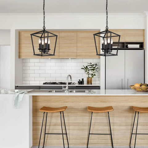 Go-To Industrial Black Four-Light Pendant With Candle-Style Cage Chandelier in modern kitchen setting