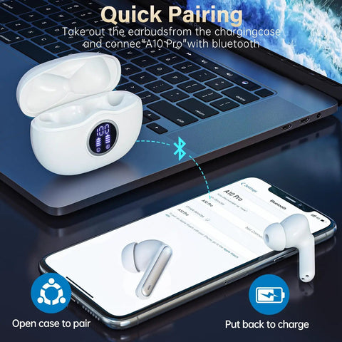 Rock Solid Wireless Earbuds With Bluetooth 5.3 And HiFi Stereo Sound Featuring 50H Playtime And Led Digital Display charging case and smartphone pairing.