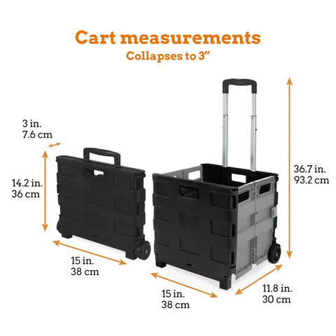 Rock Solid Slim Rolling Utility Cart, Collapsible Space Saving Storage Rack With Telescopic Handle, Hella Durable Fifty Pound Load, No Hassle Flat Fold Mechanism For Home And Workshop, Grey dimensions showing collapsed and extended sizes.