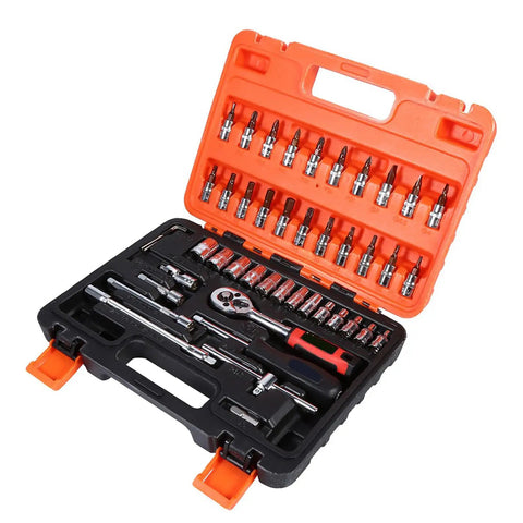 Heavy Duty 46 Piece Metric Socket Set With Heat Treated Steel And One Quarter Inch Drive In A Rugged Carry Case No Bull Garage Tool Kit Essentials displayed with tools arranged in case.