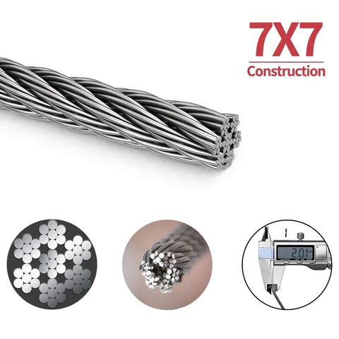 Heavy Duty Picture Hanging Wire Tough As Nails Stainless Steel Cable showing 7x7 construction detail and 2mm thickness.