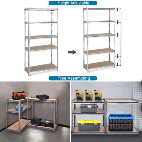 Built Tough Five Tier Storage Shelves With Thick Durable Mdf Boards And Reinforced Steel Frame adjustable shelving unit for garage use.