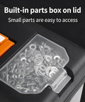 Badass Rugged Stainless Steel Tool Box With Dual Layer Garage Storage And Snappy Organizer Lid Tray For Screws showing built-in parts box with screws.
