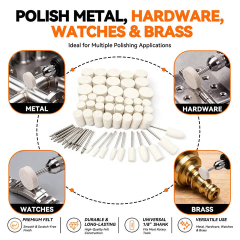 120 Pcs Buffing Wheels Polishing Kit Rotary Tool Accessories 1 8 Inch Shank wood and metal polishing wheels on a flat surface.