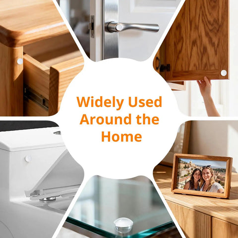 Clear Corner Cabinet Door Bumpers And Drawer Stopper Pads Silica Gel Shields on various home surfaces including cabinet, drawer, and glass.