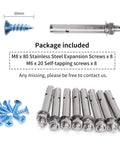 Image showing stainless steel expansion screws and blue self-tapping screws included with Heavy Duty Shelf Brackets 12x8x2 Inches, One Fifth Inch Thick Solid Stainless Steel L Brackets For Countertops And Bar Tops, Wall Mounted Support, Includes Hardware, Two Pack.