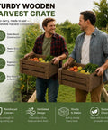 Two men in garden holding sturdy wooden harvest crates, filled with vegetables, showcasing ergonomic handles and reinforced corners.