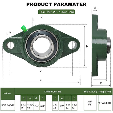 2 Pack Flange Mount Pillow Block Bearings With 1.25 Inch Bore Self Aligning Solid Cast Iron Base Built Tough Bearing Steel Construction 2 Bolt Mount Durable And Easy To Install, front and side view dimensions chart
