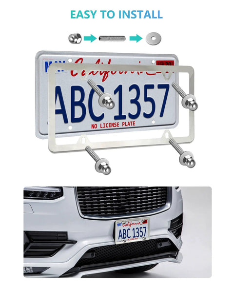 Stainless Steel License Plate Frames for Volvo 2 Pack Slick Slim Edge Mirror Polished Front And Rear Car Tag Frame With Stainless Steel Screws And Chrome Caps, showing installation steps and mounted on a car.