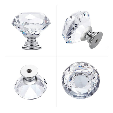 Crystal Glass Drawer Knobs 25 Pack Diamond Shaped 30mm with Silver Base for Cabinets and Furniture – four angle views
