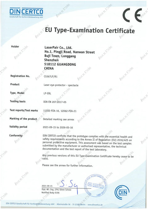 EU Type-Examination Certificate for Heavy Duty Erb Laser Safety Glasses Built Different For 2940nm Erbium Yag Clinical Work.