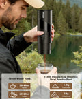 Person using All In One Portable Coffee Maker Set With Mini Electric Espresso Machine, Manual Grinder And Electric Milk Frother outdoors.