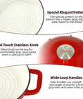 Detail view of 5 Quart Cast Iron Dutch Oven For Sourdough Baking With Domed Enamel Lid in Cherry Red showing interior pattern, knob, and handles.